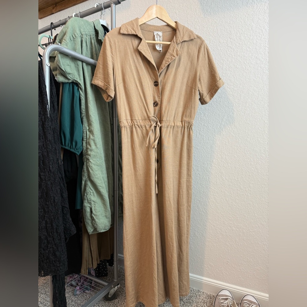 Tan Button-Down linen culotte jumpsuit